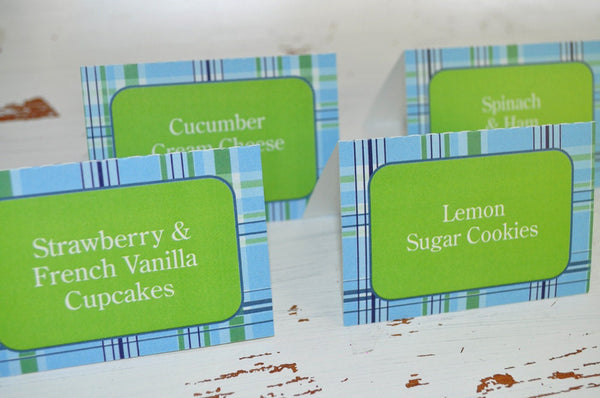 Boys Birthday Party, Baby Shower Decorations, Food Label Buffet Cards, Candy Labels, Place cards, Preppy Plaid, Blue, Green,  - Set of 12