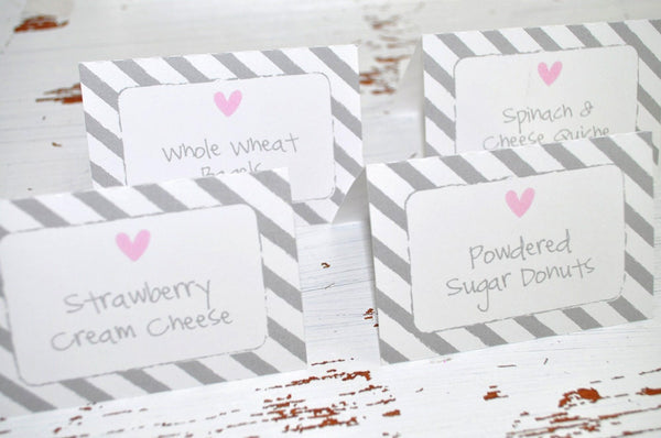 Girls Baby Shower Food Label Buffet Cards or Placecards - Pink and Gray - Baby Shower, Candy Buffet Labels - Heart and Stripe - Set of 12