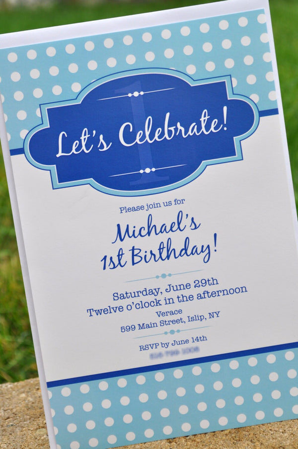Boys Birthday Invitations - Boys 1st Birthday Personalized Party Decorations - Dark Blue and Light Blue Polkadot - Set of 10