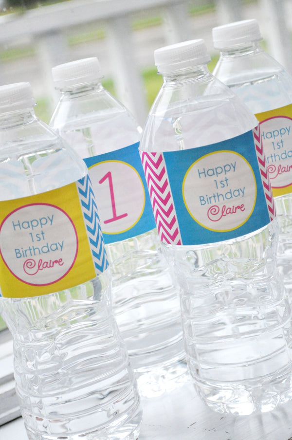 1st Birthday Water Bottle Labels, Girls Birthday Party Decorations, Drink Labels, Chevron with Polkadots - Teal, Pink, Yellow - Set of 10