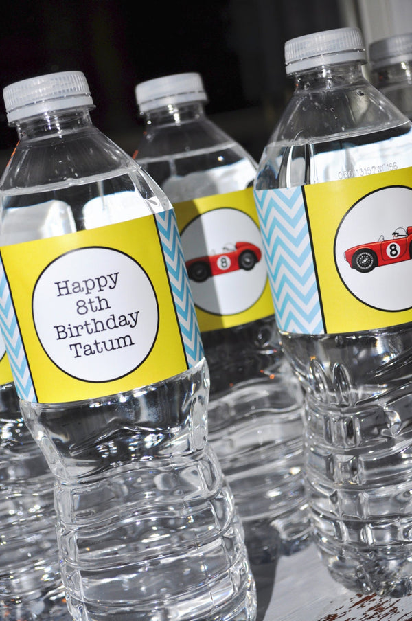 Water Bottle Labels Boys Chevron Birthday Race Car Birthday, Party Decorations 1st Birthday, Drink Wraps Blue Red Yellow & Black - Set of 10