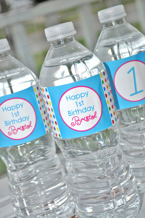 Water Bottle Labels, 1st Birthday Party Decorations, Bottle Wraps, Drink Labels, Rainbow Birthday Party, Colorful Polkadots - Set of 10