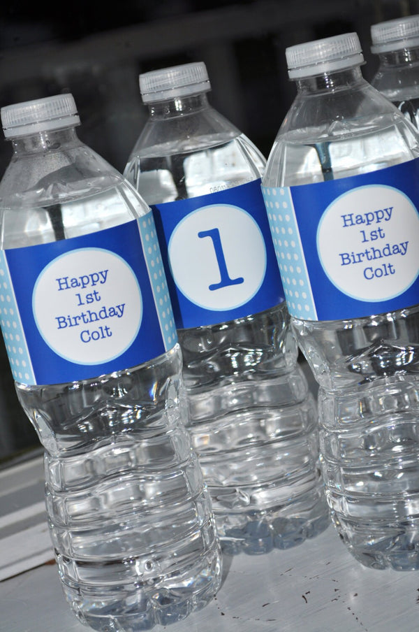 Water Bottle Labels - Boys 1st Birthday Personalized Party Decorations -  Dark Blue and Light Blue Polkadot - Set of 10