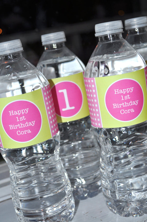 Water Bottle Labels - Polkadots Pink and Lime Green - Girls Birthday Party Decorations - 1st Birthday Party Decorations - Set of 10