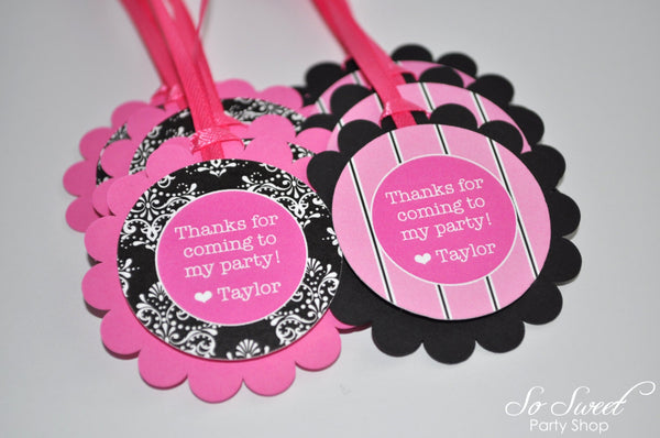 12 Favor Tags Birthday or Baby Shower  - Pink and Black Damask and Stripe - Birthday Decorations