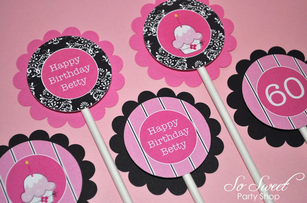 Cupcake Toppers, 1st Birthday, Girls birthday decorations, Pink and Black Damask and Stripe - Set of 12