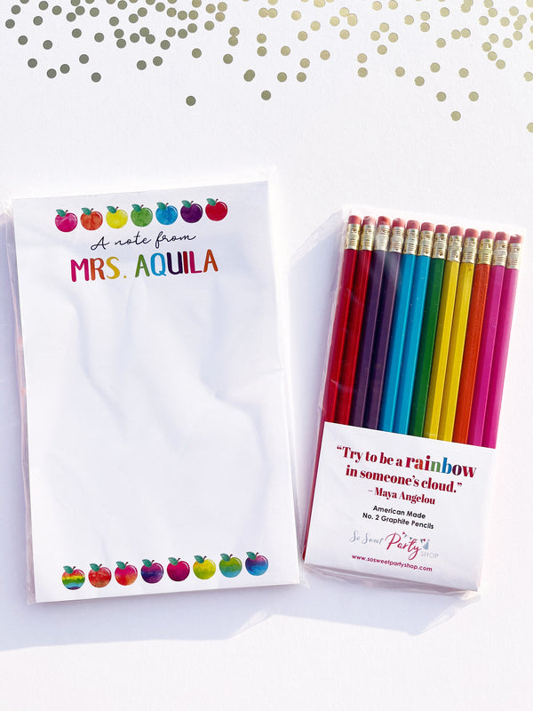 Teacher Notepad Pencil Set Rainbow Back To School Pencils Teacher Gift Personalized Custom Notepad Stationary Teacher Appreciation Gift