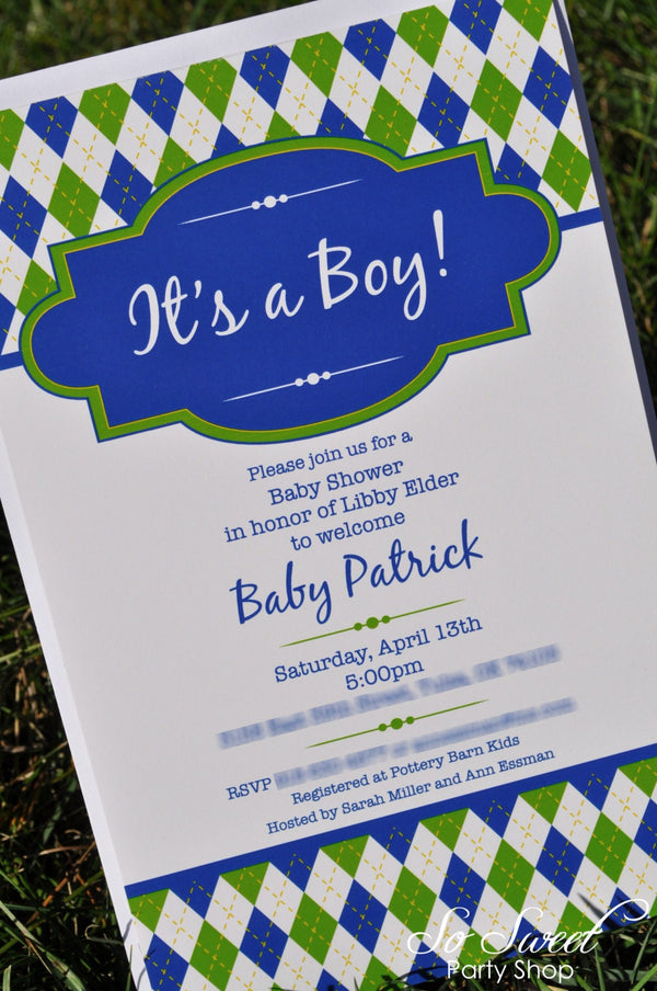 Argyle Invitations - Birthday or Baby Shower Invitations - Boys Birthday Decorations - Argyle Golf Theme - Set of 10