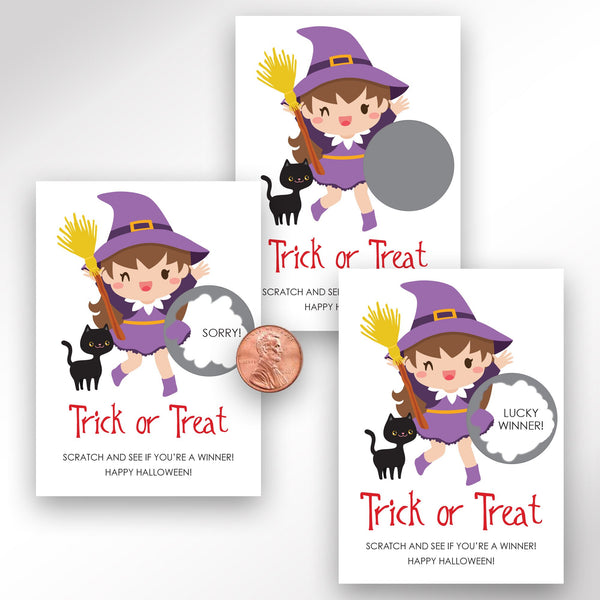 Halloween Party Game Scratch Off Ticket Cards Girl Witch Kids Halloween Classroom Party Game - Set of 24 Cards Printed and Shipped