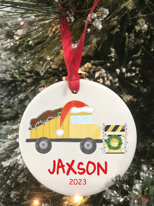 Kids Christmas Ornament 2023 Construction Dump Truck Personalized Name Christmas Ornament Personalized Gift Ceramic Keepsake Ornament