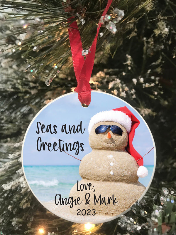 Beach Snowman 2023 Christmas Ornament Florida Hawaii Ornament Gift Vacation Ornament Keepsake Seas and Greetings Ornament