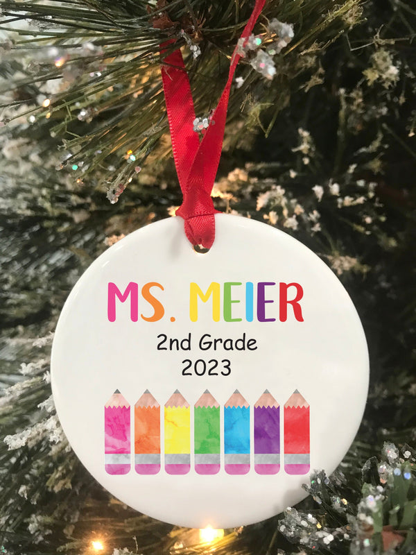 Teacher Christmas Ornament 2023 Personalized Teacher Gift Ceramic Ornament Rainbow Colored Pencils Teacher Appreciation Gift Ornament