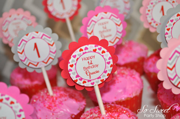 Valentine 1st Birthday Cupcake Toppers, Valentine&#39;s Day Birthday Party, February Birthday, Heart Chevron Birthday Decoration - Set of 12