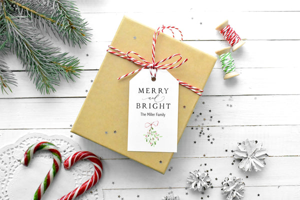 Merry Christmas Gift Tags Merry and Bright Mistletoe Personalized Tags Gift Labels Happy Holidays Gift Wrapping - Set of 12 Tags