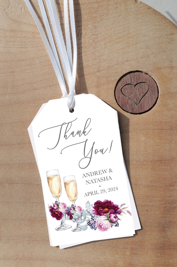 Thank You Wedding Favor Tags Burgundy Floral Custom Wedding Tags Champagne Glass Wedding Favors Wedding Guest Tags - Set of 12