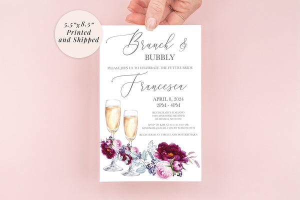 Brunch and Bubbly Bridal Shower Invitation Burgundy Floral Champagne Glass Bridal Shower Invitation Printed and Shipped - Set of 10