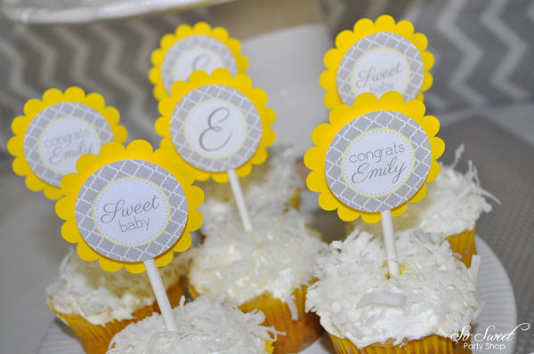 Baby Shower Cupcake Toppers - Gray and Yellow - Boy or Girl Baby Shower Decorations - Gender Neutral Shower - Set of 12