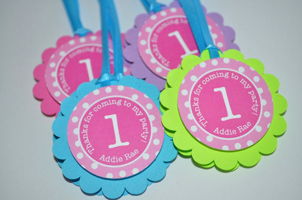 1st Birthday Favor Tags, Thank You Tag, Girls Birthday Party Decorations, Party Favors - Pink, Teal, Purple, Lime Green Polkadot - Set of 12