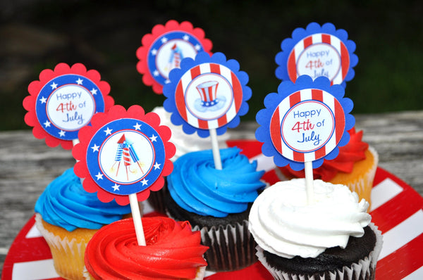 4th of July Cupcake Toppers, Fourth of July Party Decorations, Summer Picnic, Patriotic Star Cupcake Toppers, Red White and Blue - Set of 12