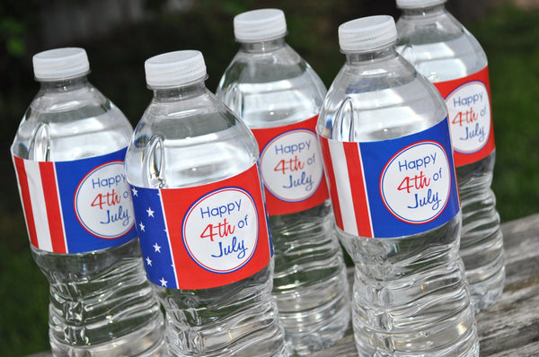 4th of July Water Bottle Labels, Water Bottle Wraps, Fourth of July Party Decorations, Red White and Blue - Set of 10 Personalized Labels