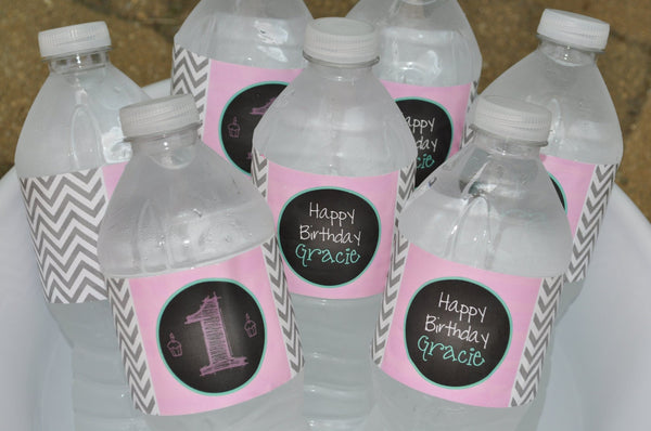1st Birthday Water Bottle Labels - Girls 1st Birthday Decorations - Chalkboard with Gray Chevron - Pink & Mint Green - Set of 10
