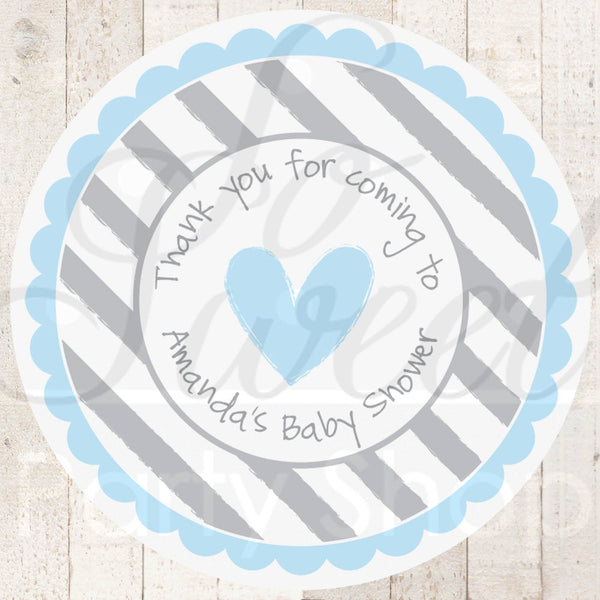 Boy Baby Shower Stickers - Blue and Gray Heart - Baby Shower - Heart and Stripe - Set of 24