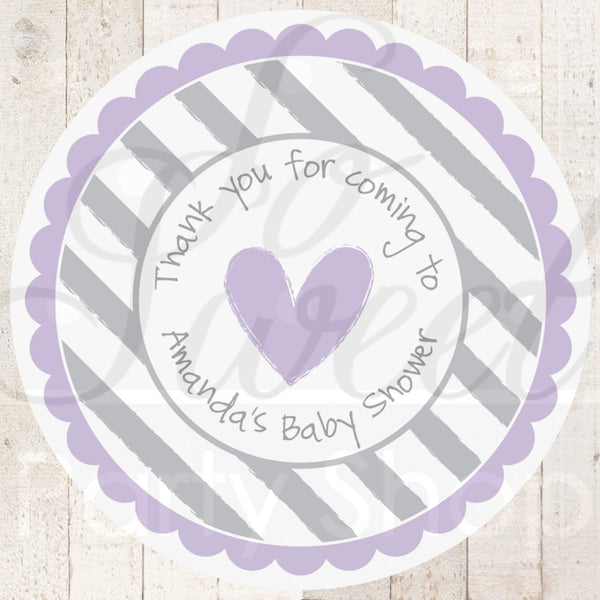 Girls Baby Shower Stickers - Favor Labels, Thank You Stickers - Purple and Gray - Baby Shower - Heart and Stripe - Set of 24