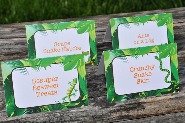 Reptile Food Buffet Label Cards - Reptile Birthday Decorations - Orange, Green and Brown
