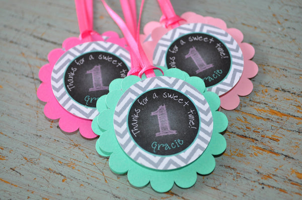 1st Birthday Favor Tags, Party Favor Tags, Thank You Tags, Girls 1st Birthday Decorations, Chalkboard Chevron, Pink & Mint Green - Set of 12