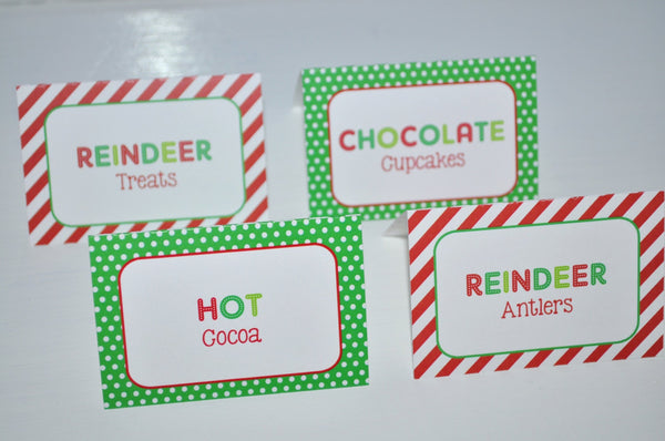 Reindeer Birthday Food Label Tent Cards - Holiday, Winter Birthday Party Decorations - Set of 12