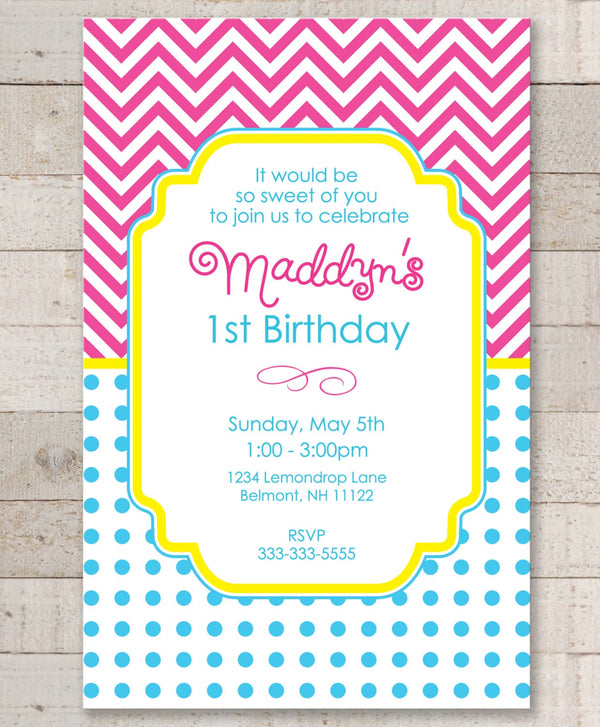 Girls Birthday Invitations - Chevron Invitations - Chevron Birthday Decorations with Polkadots - Teal, Pink, Yellow - Set of 10