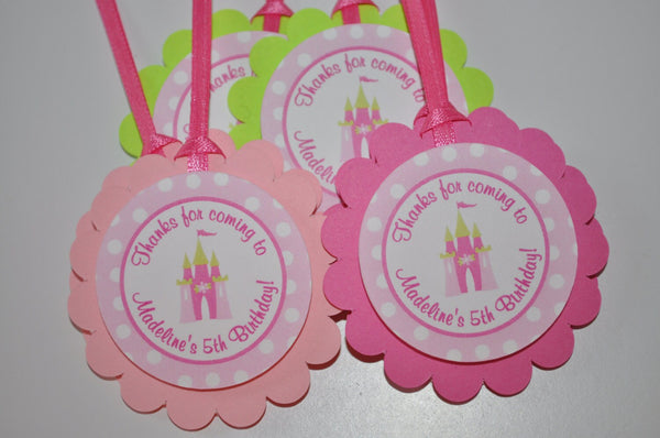 Princess Birthday Party Favor Tags - Princess Birthday Party Decorations - Pink, Lime Green and White Polkadots - Set of 12