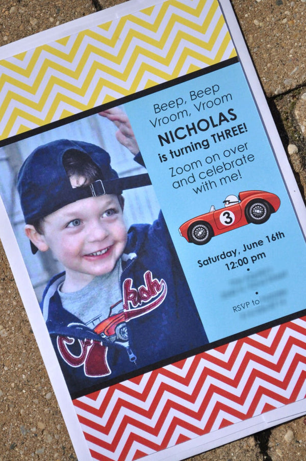 Boys Birthday Party Invitations, Chevron -  Race Car Birthday - Party Decorations in Blue, Red, Yellow & Black - Set of 10