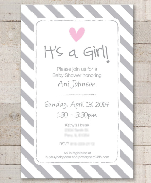 Baby Shower Invitations for Girl, Baby Shower Invites Heart, Baby Girl Shower Invites, It&#39;s a Girl Invitations, Pink Gray Heart - Set of 10
