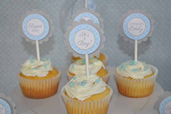 Boys Baby Shower Cupcake Toppers - Blue and Gray - Boy Baby Shower Decorations - Baby Shower Decorations - Set of 12