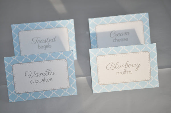 Boys Baby Shower Food Label Tent Cards - Buffet Labels - It&#39;s A Boy Baby Shower Decorations - Blue and Gray - Set of 12