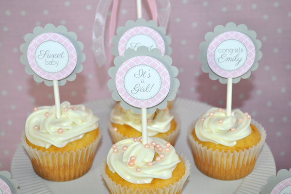 Girls Baby Shower Cupcake Toppers - Pink and Gray - Girl Baby Shower Decorations - Baby Shower Decorations - Set of 12