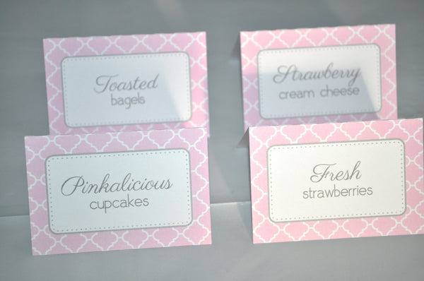 Girls Baby Shower Food Label Tent Cards - Buffet Labels - It&#39;s A Girl Baby Shower Decorations - Pink and Gray - Set of 12