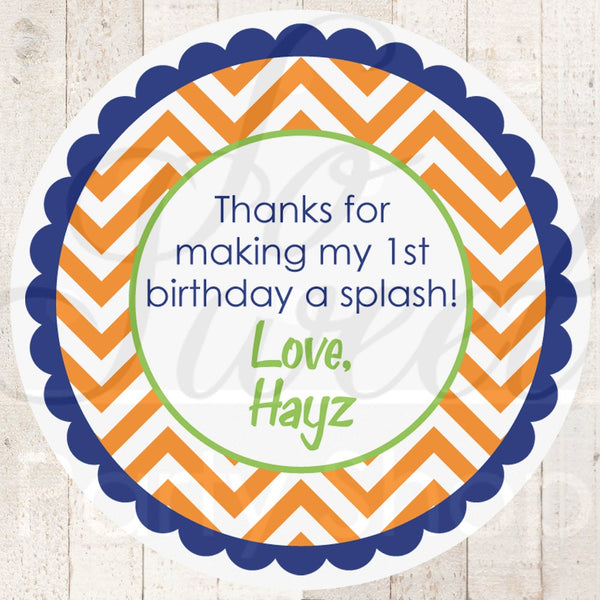 Boys 1st Birthday Personalized Stickers - Party Favor Tags - Thank You Tags - Boys Birthday Party Decorations - Chevron Polkadot - Set of 24