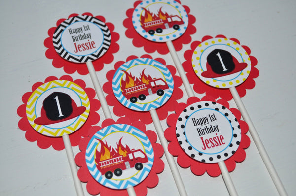 Fire Truck Birthday Cupcake Toppers - Firefighter Birthday Decorations - Boys Firetruck Theme Party - Set of 12