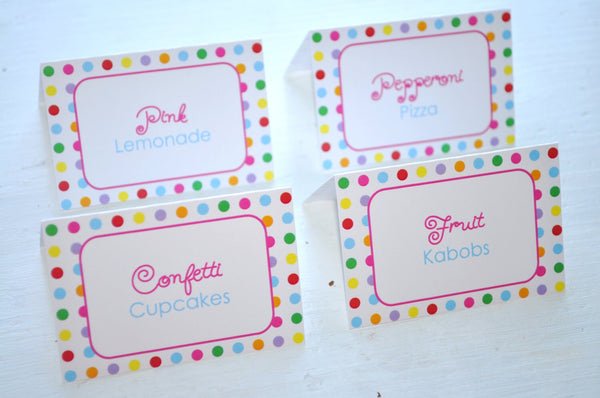 Birthday Food Label Tent Cards - Buffet Labels, Placecards - 1st Birthday Party Decorations - Colorful Polkadots - Set of 12