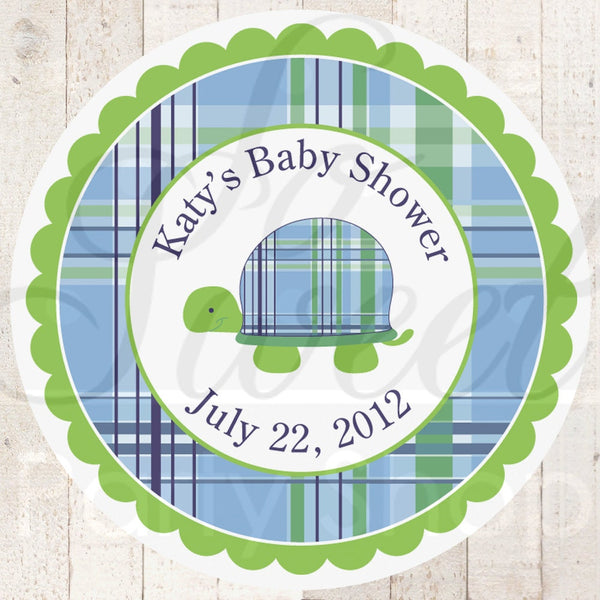 Turtle Baby Shower Stickers - Preppy Plaid - Boys Birthday Party or Baby Shower Decorations - Personalized Stickers - Set of 24