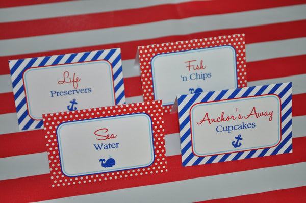 Nautical Food Label Tent Cards - Buffet Labels, Placecards - Nautical BABY SHOWER - Whales and Anchors - Set of 12