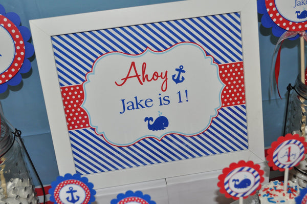 Nautical 1st Birthday Print - 8x10 Sign - Boys 1st Birthday Decorations - Nautical Birthday Party - Whales and Anchors