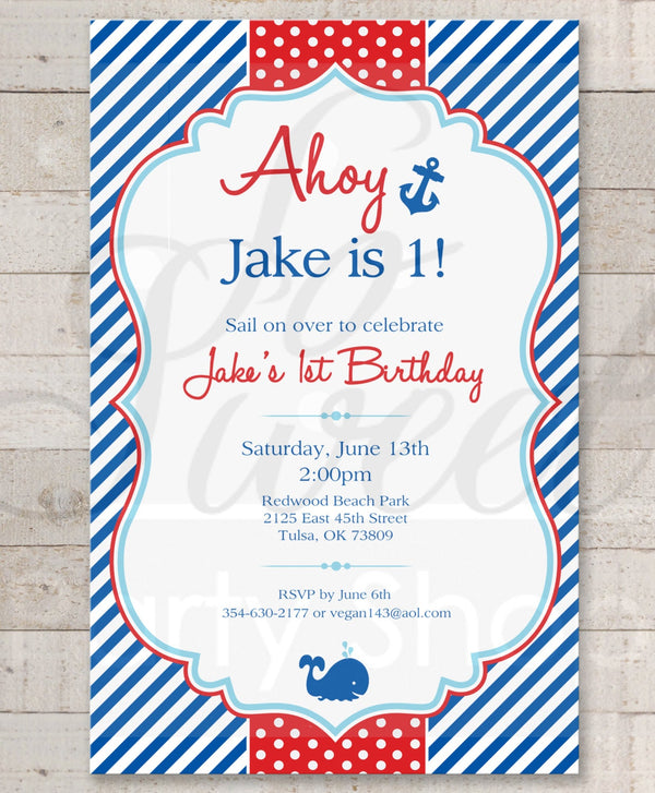 Nautical 1st Birthday Invitations - Boys 1st Birthday Invitations - 1st Birthday Party Decorations - Whales and Anchors - Set of 10