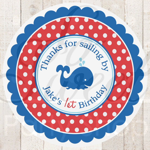 Nautical 1st Birthday Stickers - Boys 1st Birthday Favor Label Stickers - 1st Birthday Party Decorations - Whales and Anchors - Set of 24