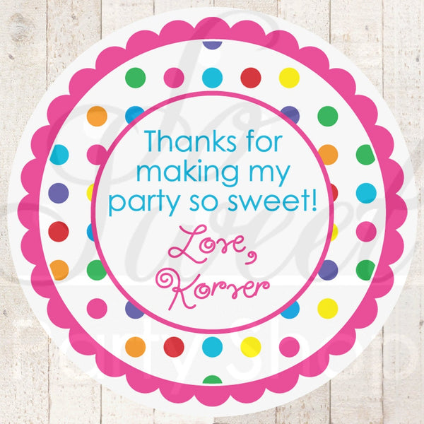 Birthday Stickers, Thank You Favors, 1st Birthday, Rainbow Party, Goodie Bag Stickers, Treat Bag Stickers, Colorful Polkadots - Set of 24