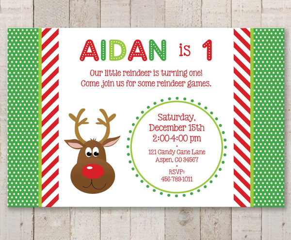 Reindeer 1st Birthday Invitations - Holiday, Winter Birthday Party Decorations - Christmas Party Invitations - Set of 10