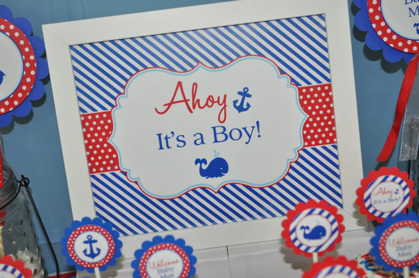 Nautical ITS A BOY Print - 8x10 Sign - Boys Baby Shower Decorations - Nautical Baby Shower Ahoy Its A Boy - Whales and Anchors