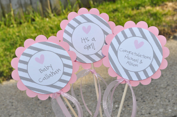 Girls Baby Shower Centerpieces - Pink and Gray - Baby Shower Decorations - Heart and Stripe - Set of 3